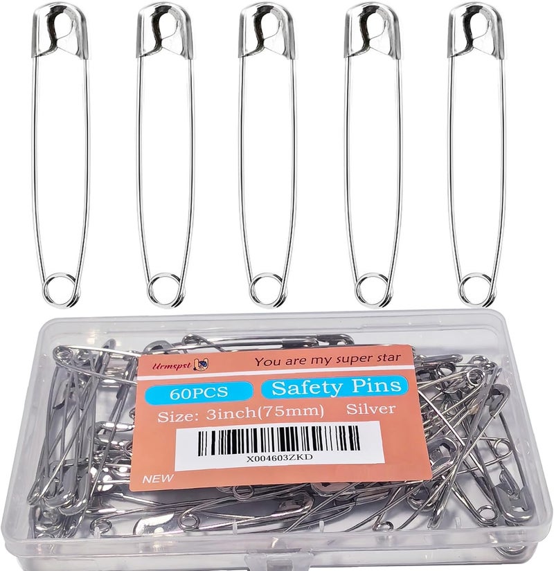 Urmspst 60PCS-3Inch Large Silver Safety Pins, Rust-Resistant Nickel Plated Steel, Sharp Edge, Multi-Use - Image 1